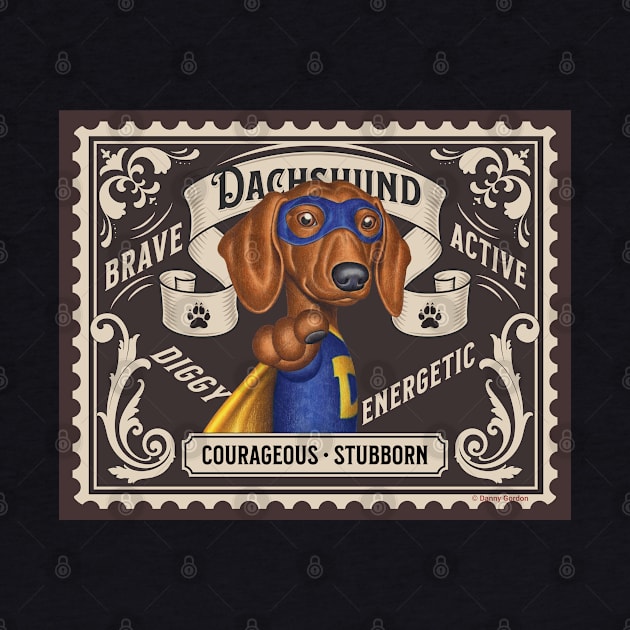 Cute Funny Doxie Dachshund Superhero Dog Stamp by Danny Gordon Art